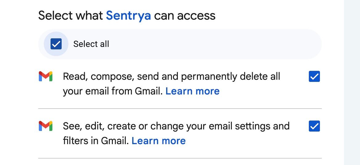 Google permissions for Sentrya